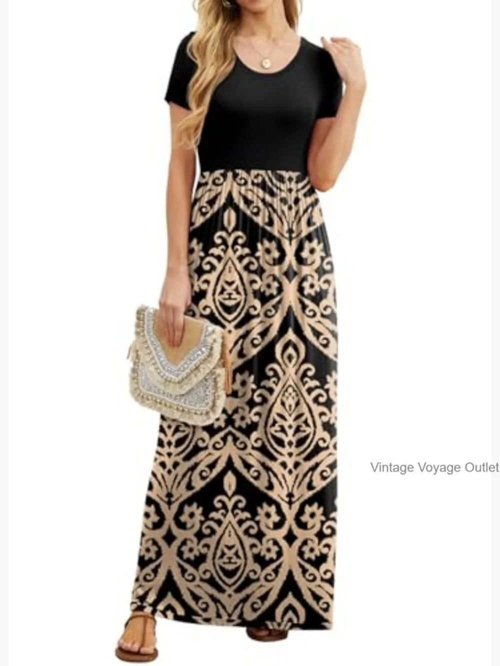 Women Summer Casual Maxi Long Dress Short Sleeve Crew Neck with Pockets - Picture 2 of 7